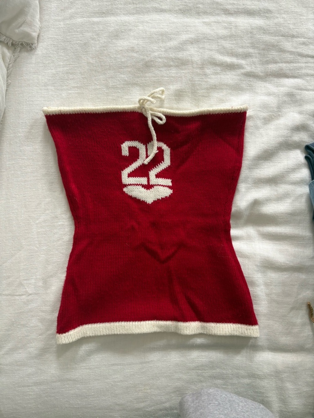 Red Strapless Knit Tube Top with White Trim and Number 22